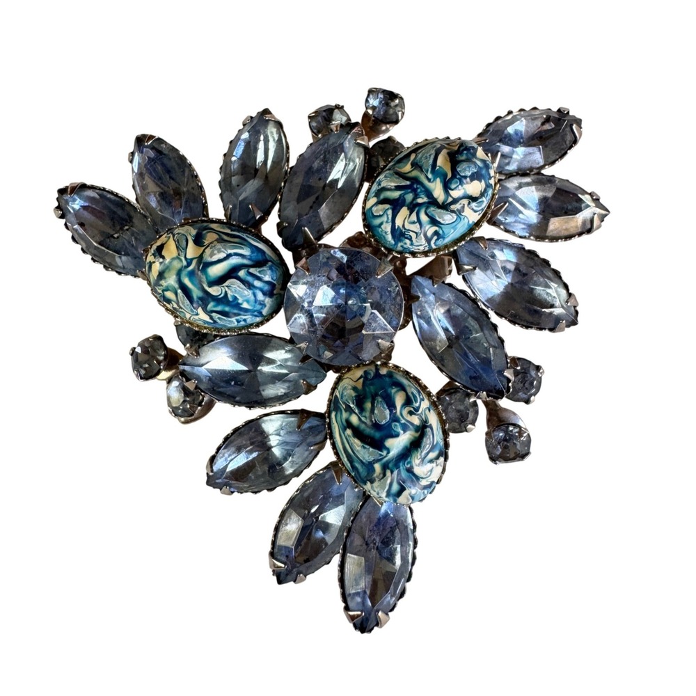 Vintage Blue Swirl & Crystal Brooch Pin Statement‎ Bouquet Rhinestone Art Deco